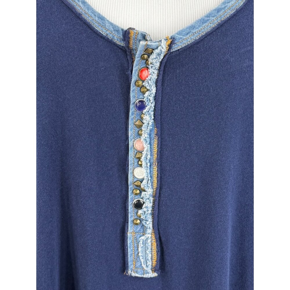 Free People Blue Slouchy Exposed Stitch Embellished Henley Top | Boho Grunge S - Picture 5 of 16